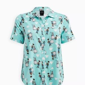 Torrid Disney Pixar Toy Story Challis Woody And Bo Peep Aqua Blue Button Down